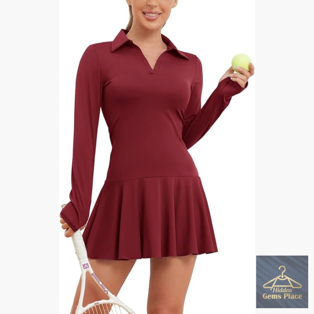 Long Sleeve Tennis Dress with Polo Collar, Built-in Shorts, Thumbholes